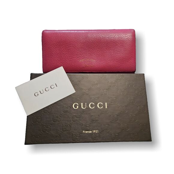 Gucci (Authentic) Magenta Pink Leather Swing GG Fold-over Long Wallet w/ Box GUC - Picture 1 of 13